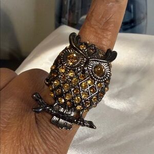 Owl Design GunMetal and Smokey Gold Accent Stones Ring